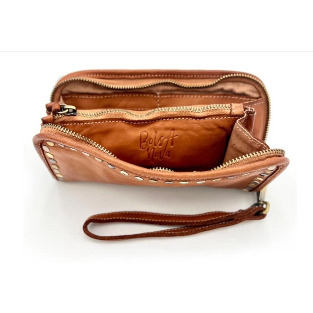 Bolsa Nova Sofia Zip Around Cognac Handwashed Italian Leather Studded Wristlet - Picture 4 of 10